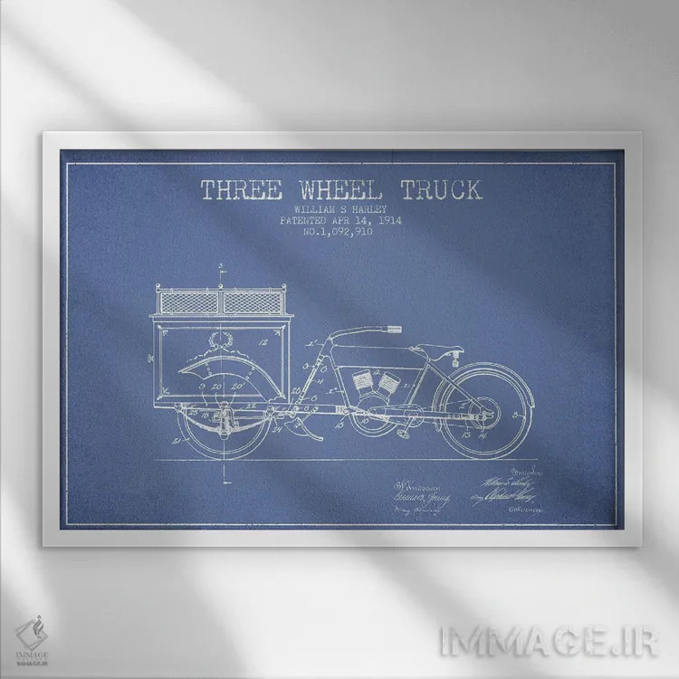 تابلو طرح ثبت اختراع کامیون سهچرخ، اثر William S. Harley (آبی روشن) اثر پیکسل کهنه (استودیو/نام هنری) - نمای قابدار سفید