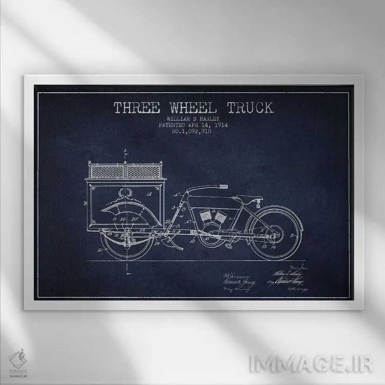 تابلو طرح ثبت اختراع کامیون سهچرخ، اثر William S. Harley (آبی نفتی) اثر پیکسل کهنه (استودیو/نام هنری) - نمای قابدار سفید