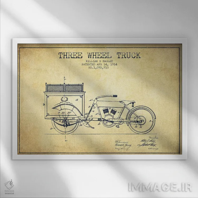 تابلو طرح ثبت اختراع کامیون سهچرخ، اثر William S. Harley (وینتیج/کلاسیک) اثر پیکسل کهنه (استودیو/نام هنری) - نمای قابدار سفید