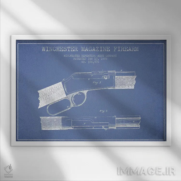 تابلو طرح ثبت اختراع اسلحه با خشاب ویندچستر، شرکت Winchester Repeating Arms (آبی روشن) II اثر پیکسل کهنه (استودیو/نام هنری) - نمای قابدار سفید