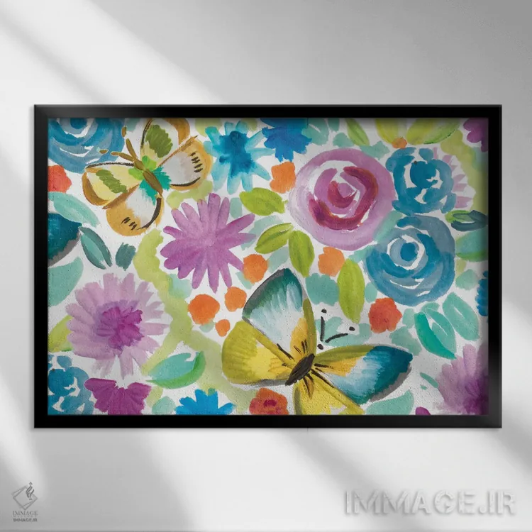 تابلو باغ پروانههای گرمسیری اثر آنی دل سول - نمای قابدار مشکی