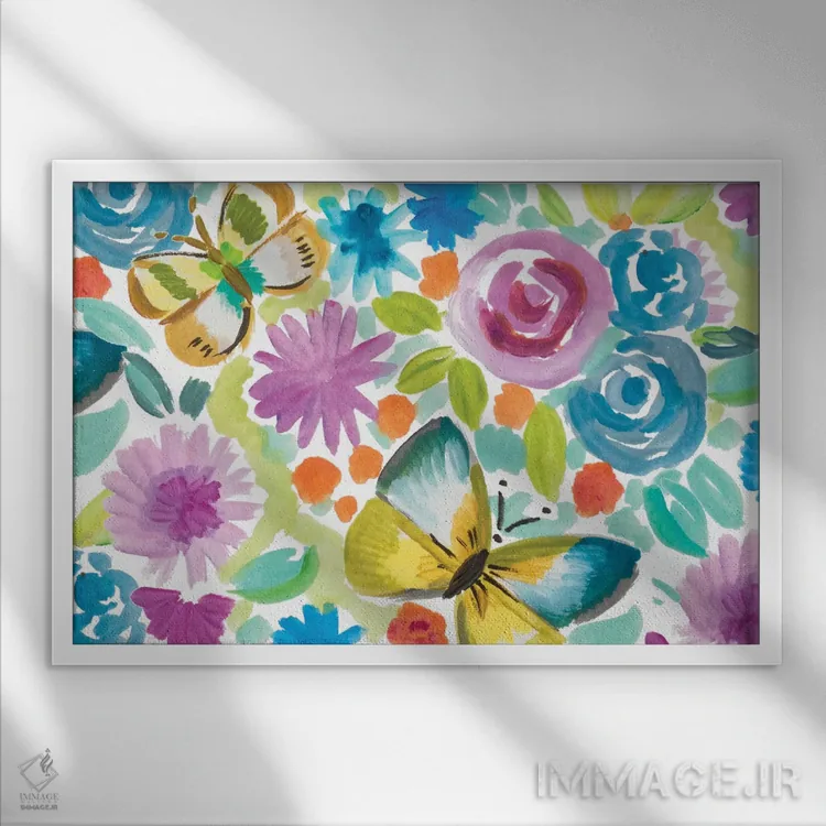 تابلو باغ پروانههای گرمسیری اثر آنی دل سول - نمای قابدار سفید