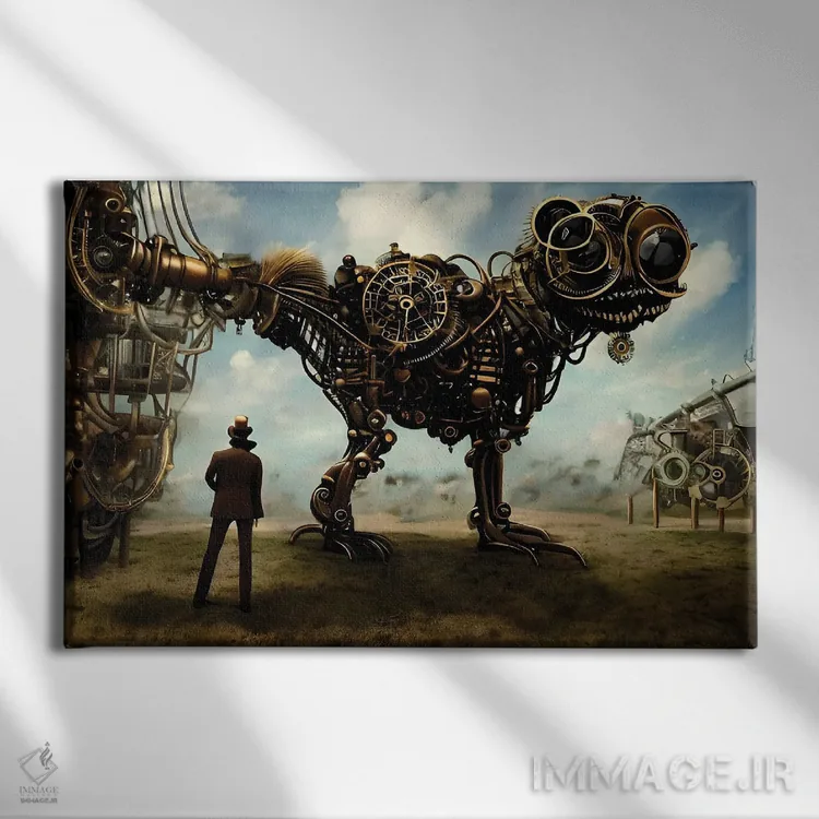 تابلو In A Surrealistic World XVII,شخصی در حال تماشای حیوان غولپیکر در یک دنیای سورئال ۱۷ اثر آلساندرو دلا توره - نمای روبهرو روی دیوار