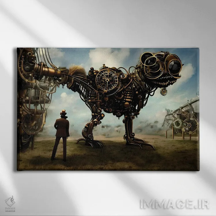 تابلو In A Surrealistic World XVII,شخصی در حال تماشای حیوان غولپیکر در یک دنیای سورئال ۱۷ اثر آلساندرو دلا توره - نمای روبهرو روی دیوار
