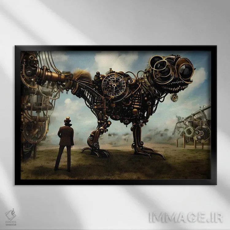 تابلو In A Surrealistic World XVII,شخصی در حال تماشای حیوان غولپیکر در یک دنیای سورئال ۱۷ اثر آلساندرو دلا توره - نمای قابدار مشکی