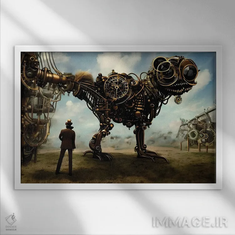 تابلو In A Surrealistic World XVII,شخصی در حال تماشای حیوان غولپیکر در یک دنیای سورئال ۱۷ اثر آلساندرو دلا توره - نمای قابدار سفید