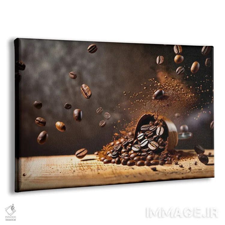 تابلو دانههای قهوه در حال پرواز و جهش بالای یک فنجان اثر آلساندرو دلا توره - نمای پرسپکتیو محصول