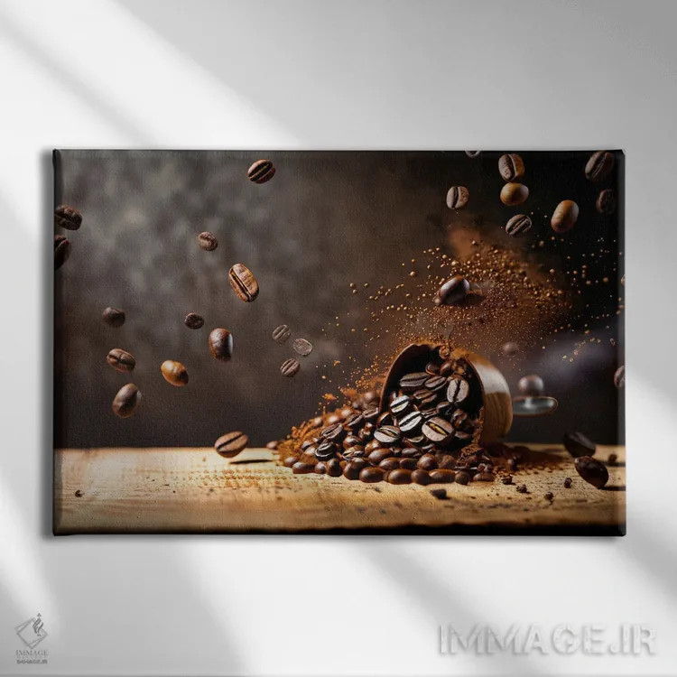 تابلو دانههای قهوه در حال پرواز و جهش بالای یک فنجان اثر آلساندرو دلا توره - نمای روبهرو روی دیوار