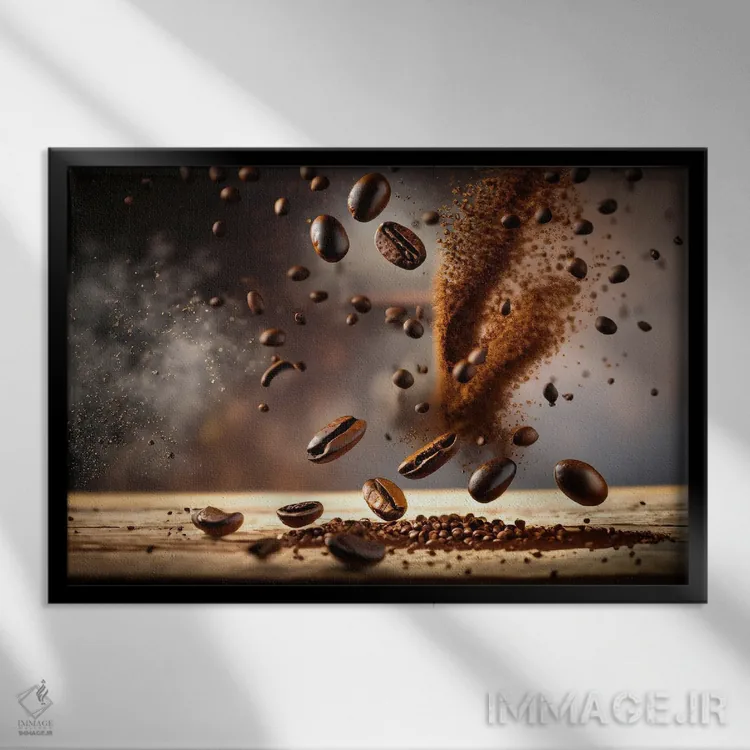 تابلو دانههای قهوه در حال پرواز و جهش اثر آلساندرو دلا توره - نمای قابدار مشکی