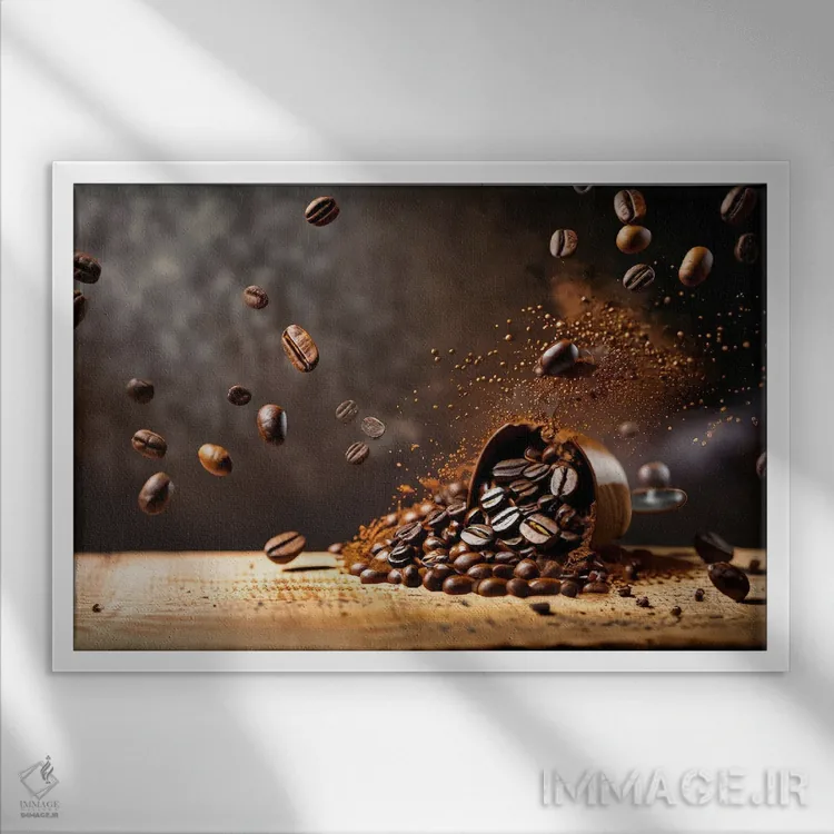 تابلو دانههای قهوه در حال پرواز و جهش بالای یک فنجان اثر آلساندرو دلا توره - نمای قابدار سفید
