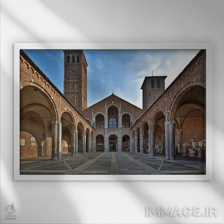 تابلو کلیسای سانتامبروجو در میلان ایتالیا (سبک رومانیک) ۳ اثر آلساندرو دلا توره - نمای قابدار سفید