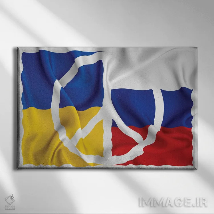 تابلو صلح برای اوکراین و روسیه با موج پرچمها اثر آلساندرو دلا توره - نمای روبهرو روی دیوار