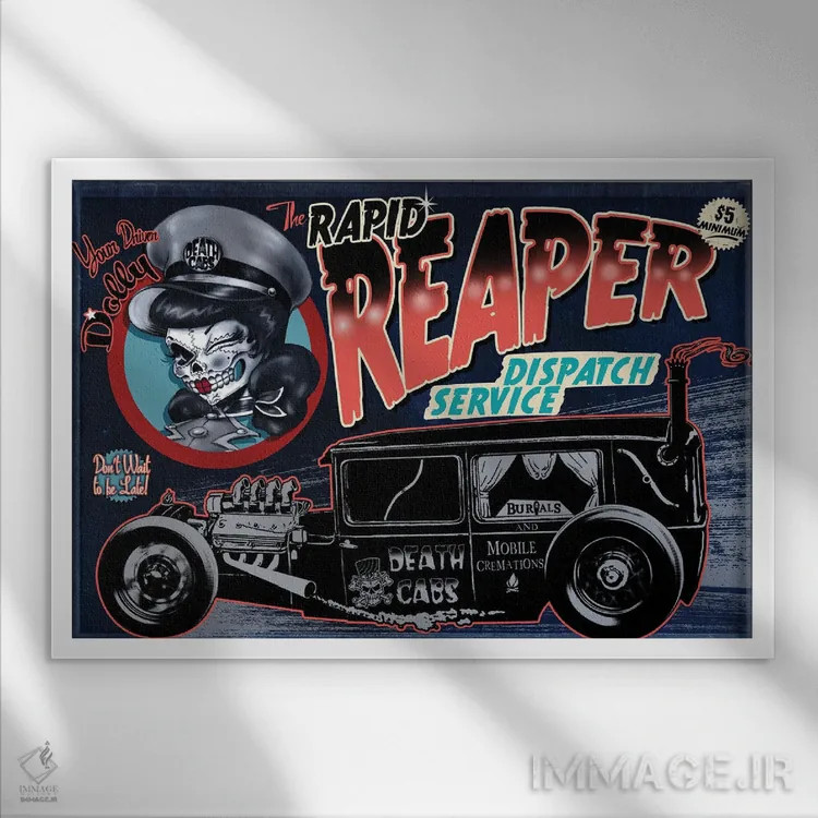 تابلو عزیز کالسکهٔ مرگ (الهام از نام گروه موسیقی) اثر آلکمی انگلند (استودیو هنری انگلیسی) - نمای قابدار سفید