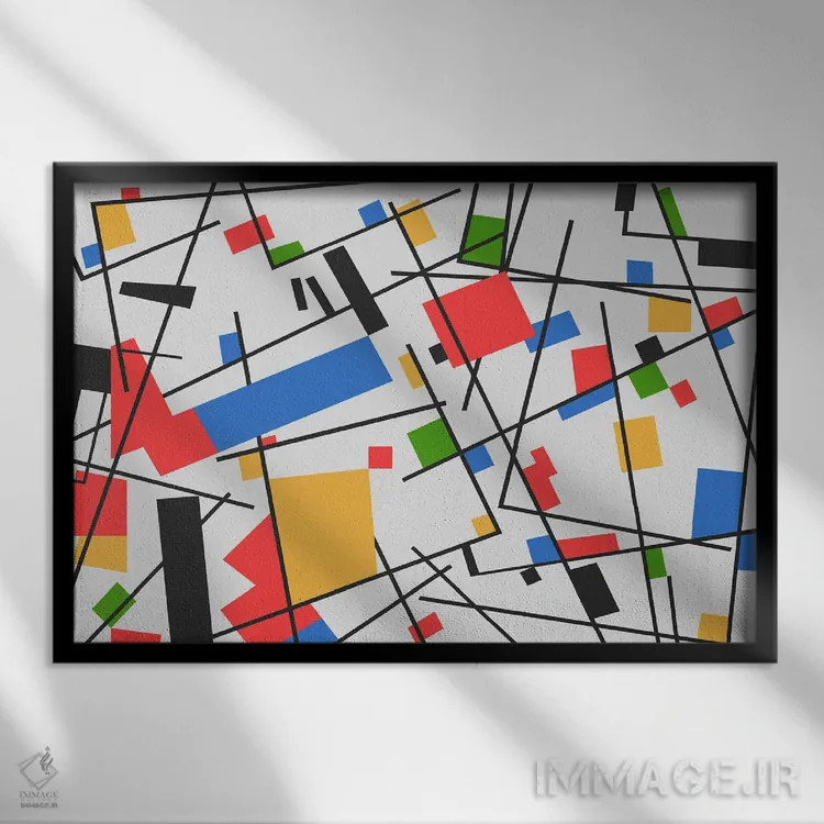 تابلو یاد موندریان شمارهٔ سه (ادای احترام به Mondrian) اثر آنجِل استوز - نمای قابدار مشکی