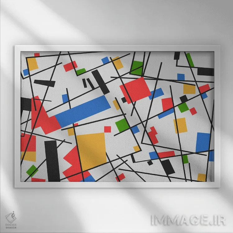 تابلو یاد موندریان شمارهٔ سه (ادای احترام به Mondrian) اثر آنجِل استوز - نمای قابدار سفید