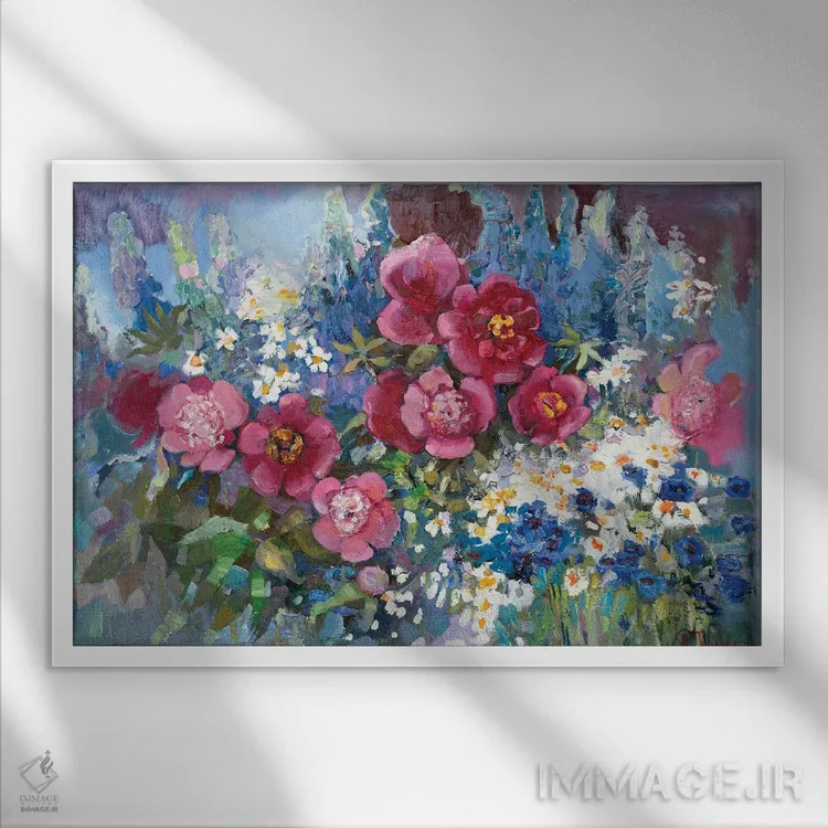 تابلو تختگلی با گل صدتومانی (نوعی گل بزرگ) اثر آناستاسیا گریگوریوا - نمای قابدار سفید