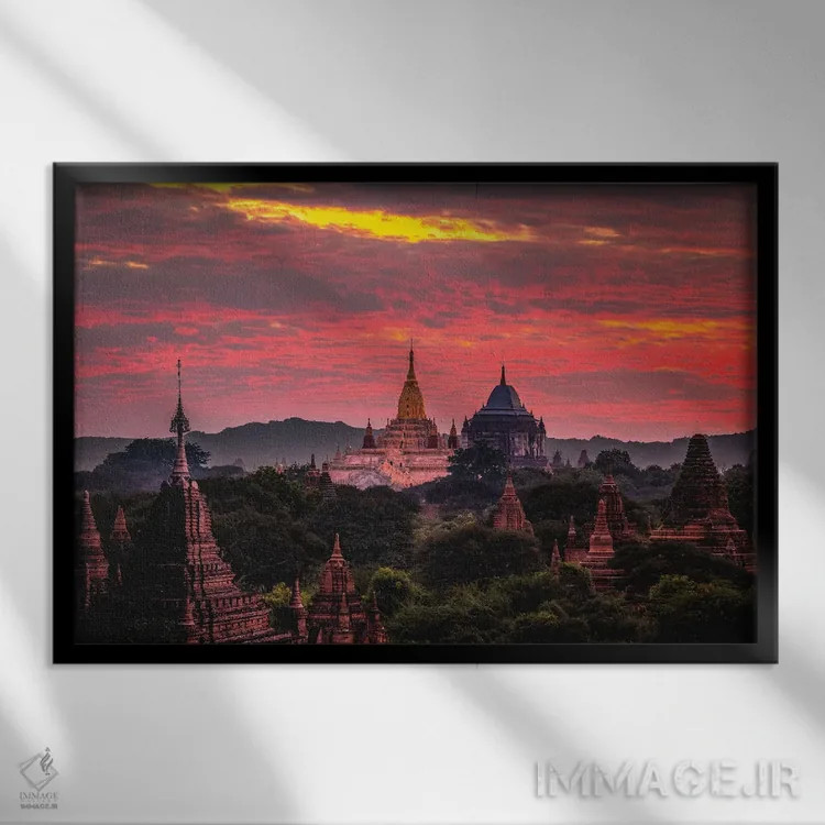 تابلو غروب معبد باگان قدیم میانمار اثر الکس جی پرز - نمای قابدار مشکی