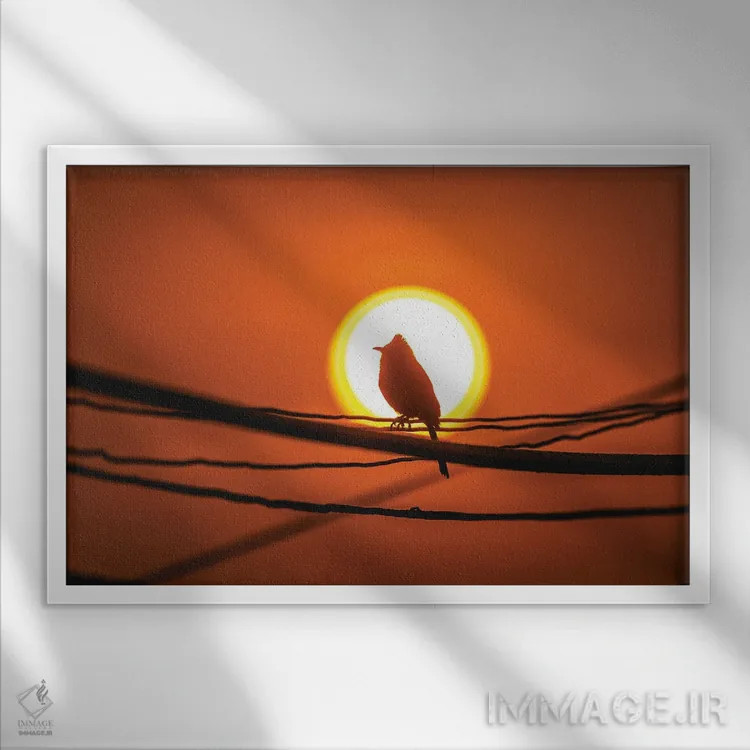 تابلو پرنده نپالی در پرتوی غروب اثر الکس جی پرز - نمای قابدار سفید