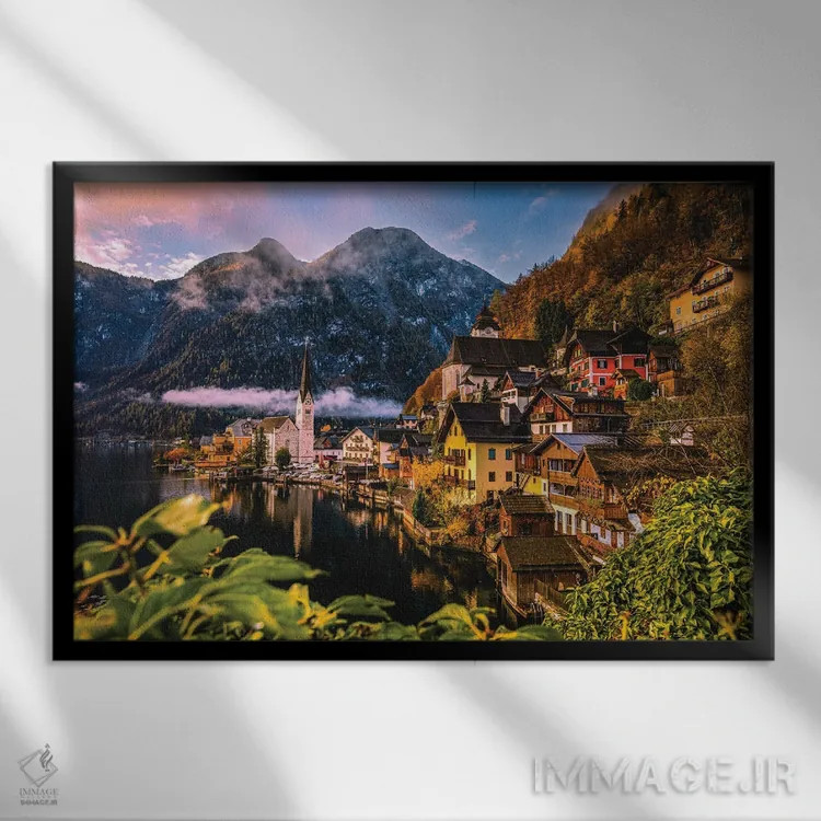 تابلو غروب روستای ساحلی هالشتات اتریش (قسمت اول) اثر الکس جی پرز - نمای قابدار مشکی