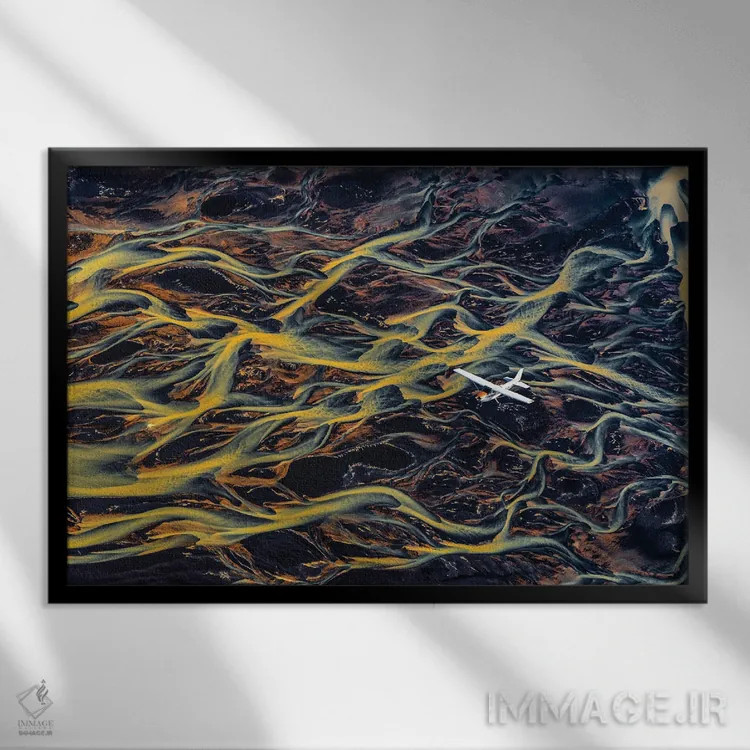 تابلو دلتا رودخانه فلات ایسلند از هواپیما (قسمت سوم؛ انتزاعی) اثر الکس جی پرز - نمای قابدار مشکی
