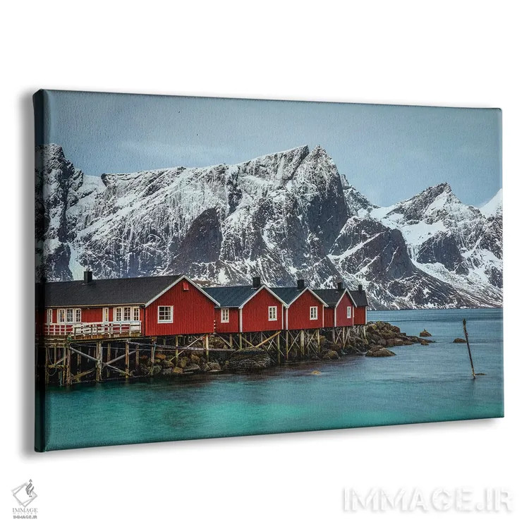 تابلو کلبه قرمز و کوه زیبای مجمعالجزایر لوفوتن نروژ (قسمت اول) اثر الکس جی پرز - نمای پرسپکتیو محصول