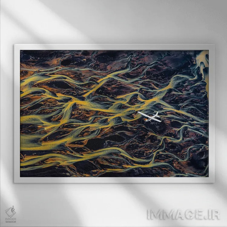 تابلو دلتا رودخانه فلات ایسلند از هواپیما (قسمت سوم؛ انتزاعی) اثر الکس جی پرز - نمای قابدار سفید