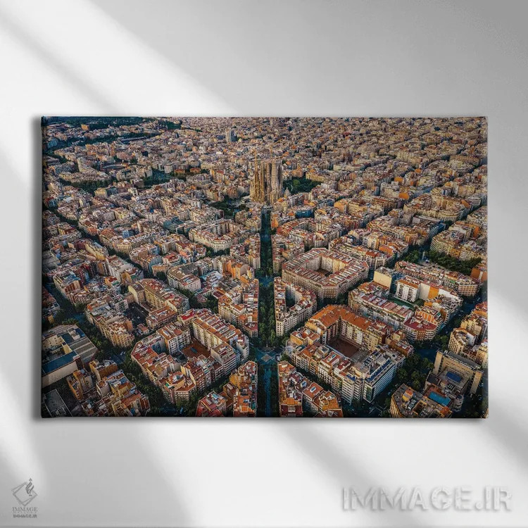 تابلو شهر بارسلونا اسپانیا از بالا (الگوی شبکهای شهری) اثر الکس جی پرز - نمای روبهرو روی دیوار