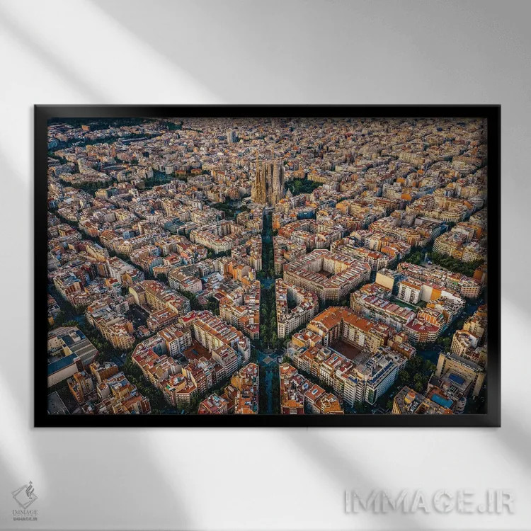 تابلو شهر بارسلونا اسپانیا از بالا (الگوی شبکهای شهری) اثر الکس جی پرز - نمای قابدار مشکی