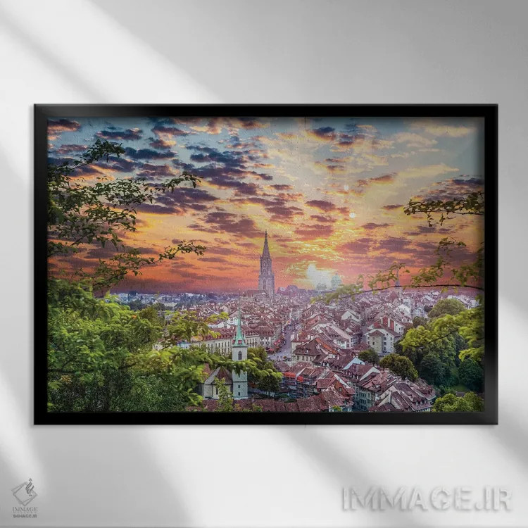 تابلو غروب منظره شهری برن سوئیس اثر الکس جی پرز - نمای قابدار مشکی