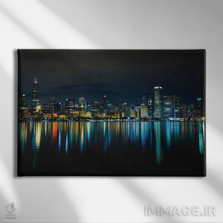 تابلو بازتاب شبانه افق شهر شیکاگو اثر الکس جی پرز - نمای روبهرو روی دیوار