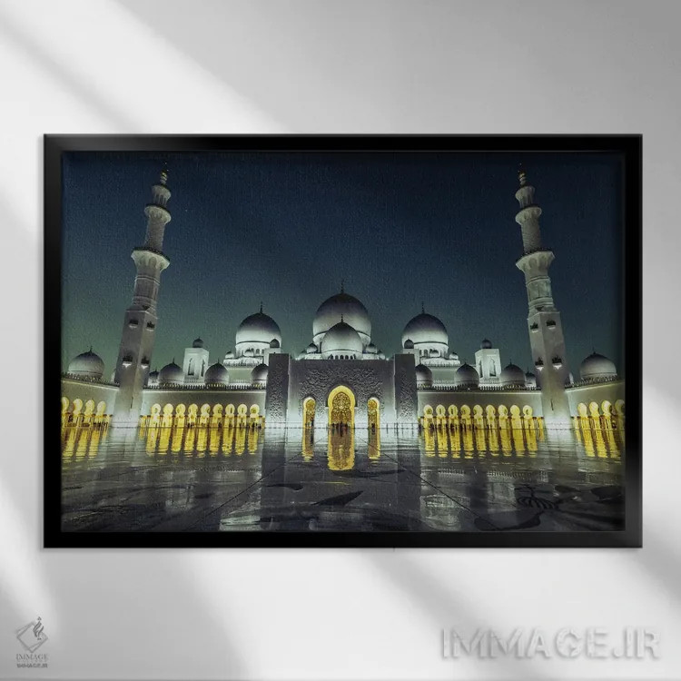 تابلو مسجد یا معبد دبی در ساعت آبی اثر الکس جی پرز - نمای قابدار مشکی