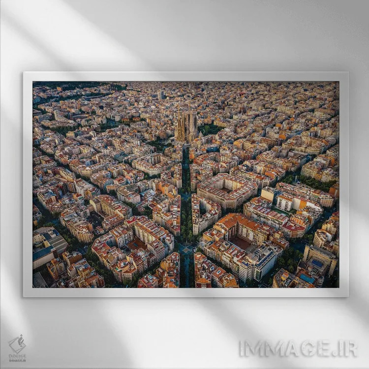 تابلو شهر بارسلونا اسپانیا از بالا (الگوی شبکهای شهری) اثر الکس جی پرز - نمای قابدار سفید