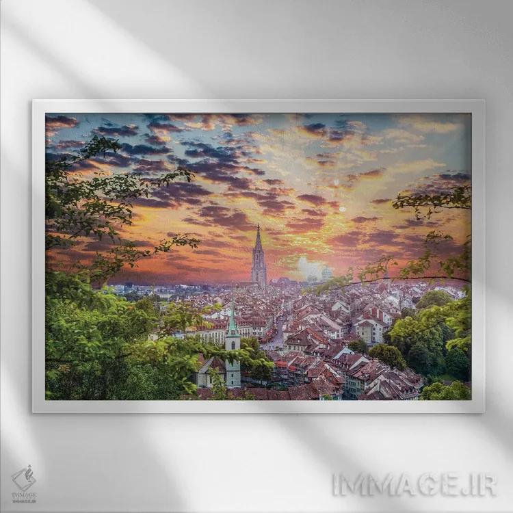 تابلو غروب منظره شهری برن سوئیس اثر الکس جی پرز - نمای قابدار سفید