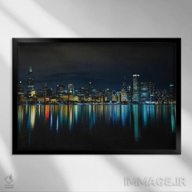 تابلو بازتاب شبانه افق شهر شیکاگو اثر الکس جی پرز - نمای قابدار مشکی