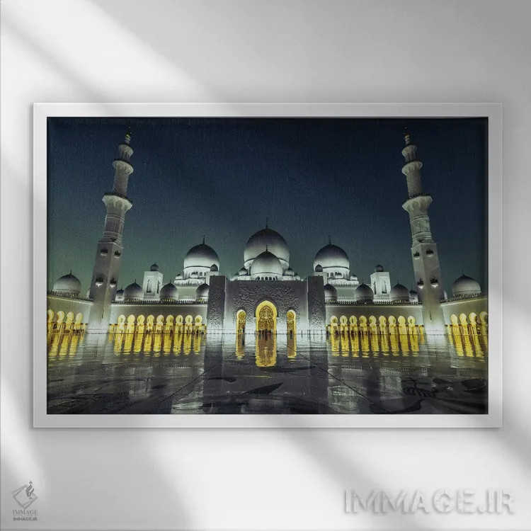 تابلو مسجد یا معبد دبی در ساعت آبی اثر الکس جی پرز - نمای قابدار سفید