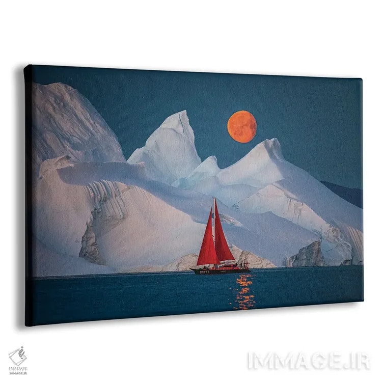 تابلو قایق بادبانی قرمز کنار کوه یخی گرینلند با ماه کامل سرخ (قسمت اول) اثر الکس جی پرز - نمای پرسپکتیو محصول