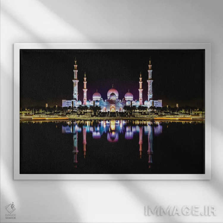 تابلو بازتاب شبانه معبد یا مسجد دبی اثر الکس جی پرز - نمای قابدار سفید