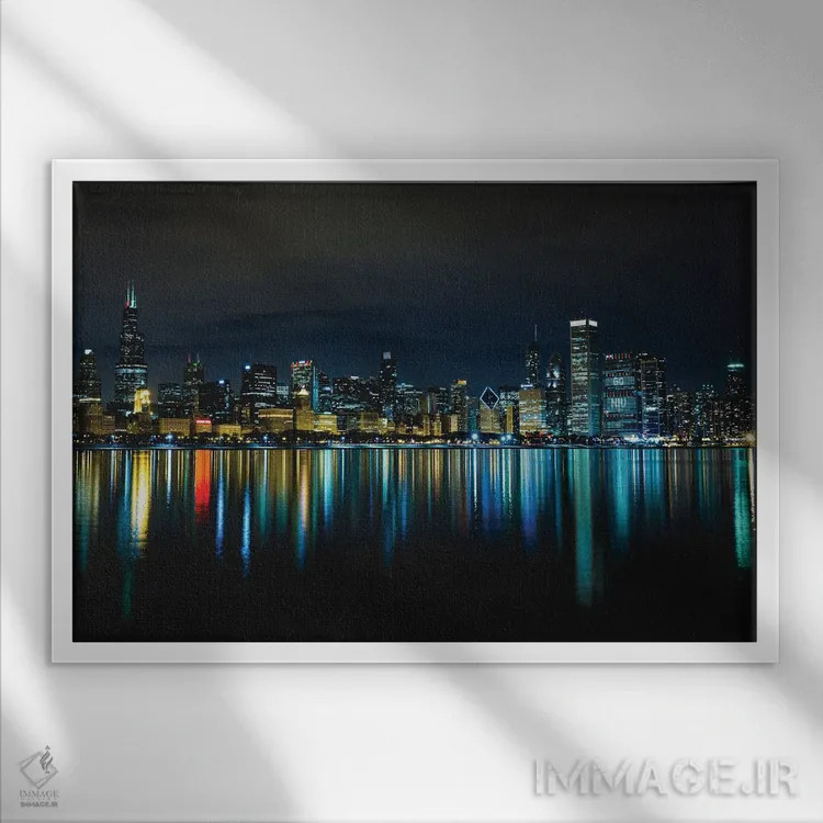 تابلو بازتاب شبانه افق شهر شیکاگو اثر الکس جی پرز - نمای قابدار سفید