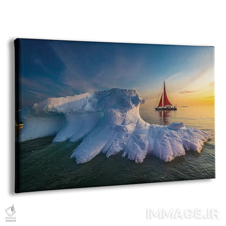 تابلو قایق بادبانی قرمز کنار کوه یخی گرینلند (قسمت دوم) اثر الکس جی پرز - نمای پرسپکتیو محصول