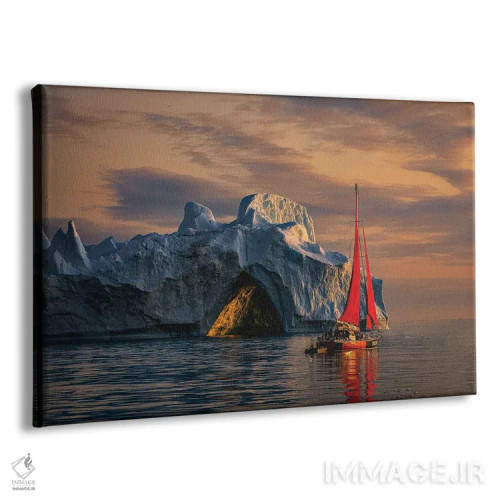 تابلو غروب قایق بادبانی قرمز کنار کوه یخی گرینلند (قسمت اول) اثر الکس جی پرز - نمای پرسپکتیو محصول