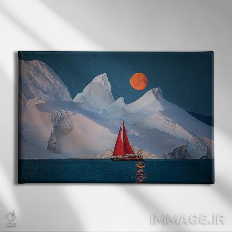 تابلو قایق بادبانی قرمز کنار کوه یخی گرینلند با ماه کامل سرخ (قسمت اول) اثر الکس جی پرز - نمای روبهرو روی دیوار