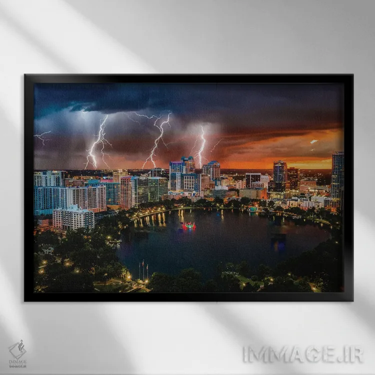 تابلو طوفان رعد و برق دریاچه ایولا مرکز اورلاندو فلوریدا از بالا اثر الکس جی پرز - نمای قابدار مشکی