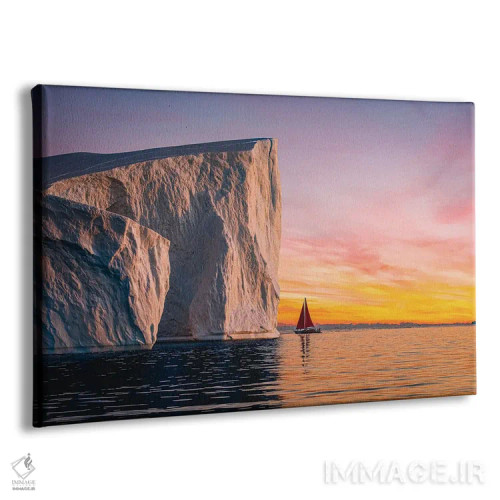 تابلو غروب قایق بادبانی قرمز کنار کوه یخی گرینلند (قسمت چهارم) اثر الکس جی پرز - نمای پرسپکتیو محصول
