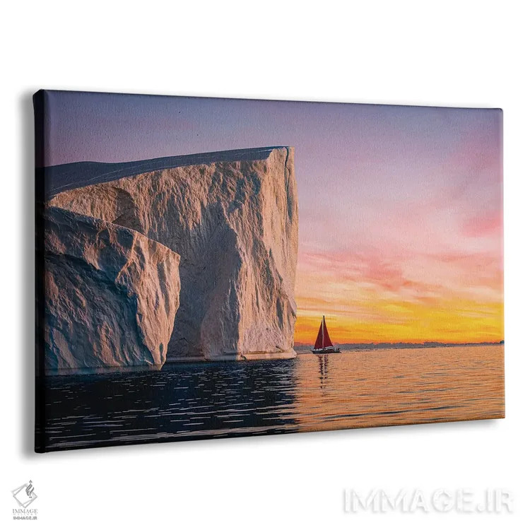 تابلو غروب قایق بادبانی قرمز کنار کوه یخی گرینلند (قسمت چهارم) اثر الکس جی پرز - نمای پرسپکتیو محصول