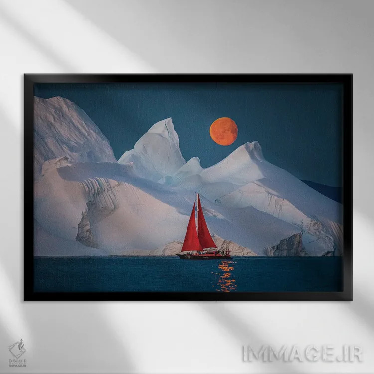 تابلو قایق بادبانی قرمز کنار کوه یخی گرینلند با ماه کامل سرخ (قسمت اول) اثر الکس جی پرز - نمای قابدار مشکی