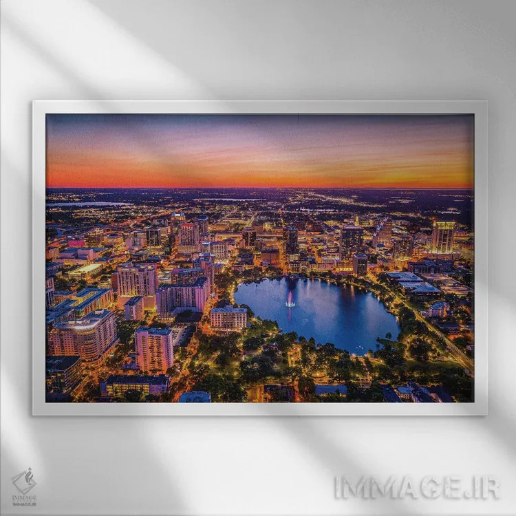تابلو غروب مرکز اورلاندو و دریاچه ایولا فلوریدا از بالا اثر الکس جی پرز - نمای قابدار سفید