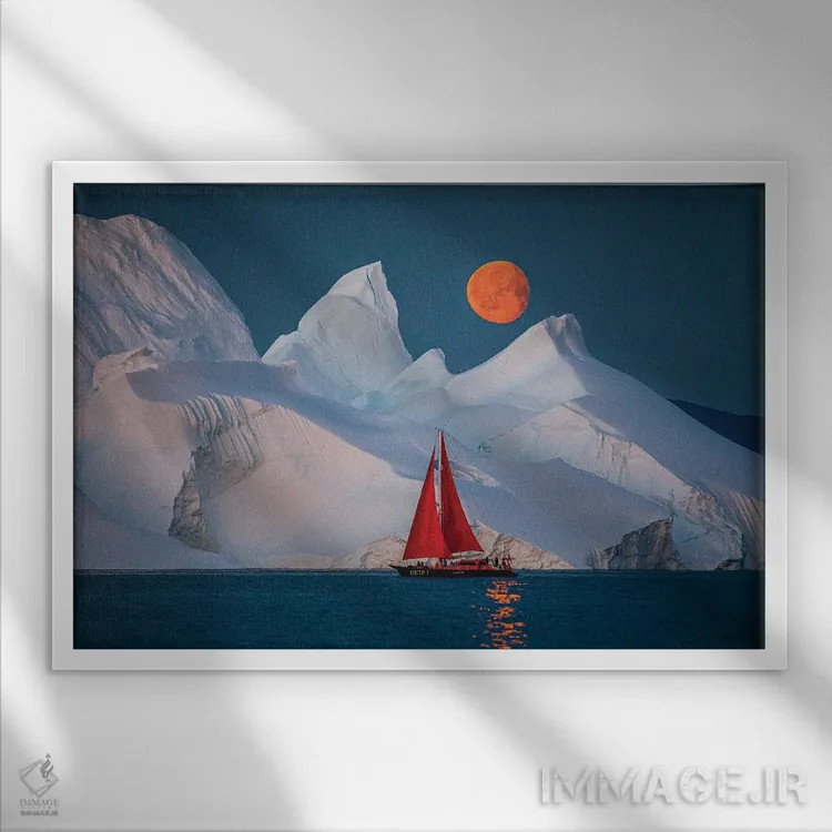 تابلو قایق بادبانی قرمز کنار کوه یخی گرینلند با ماه کامل سرخ (قسمت اول) اثر الکس جی پرز - نمای قابدار سفید
