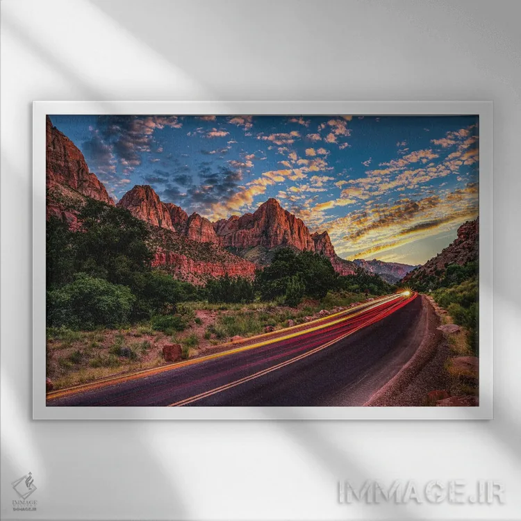 تابلو پیادهروی در پارک ملی زایون، غروب (۴) اثر الکس جی پرز - نمای قابدار سفید