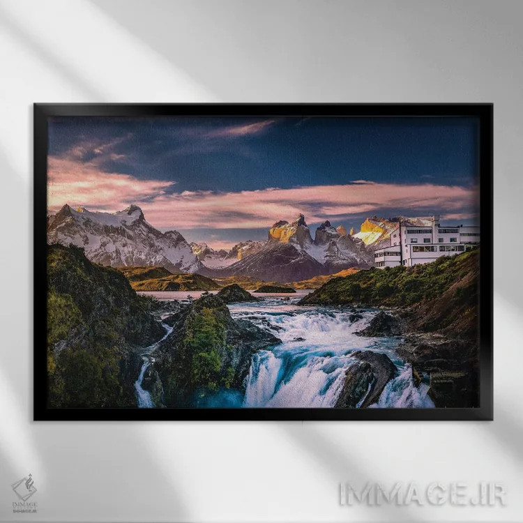 تابلو غروب تماشایی کوهستانی توریس دل پاین، پاتاگونیا، شیلی (۶) اثر الکس جی پرز - نمای قابدار مشکی