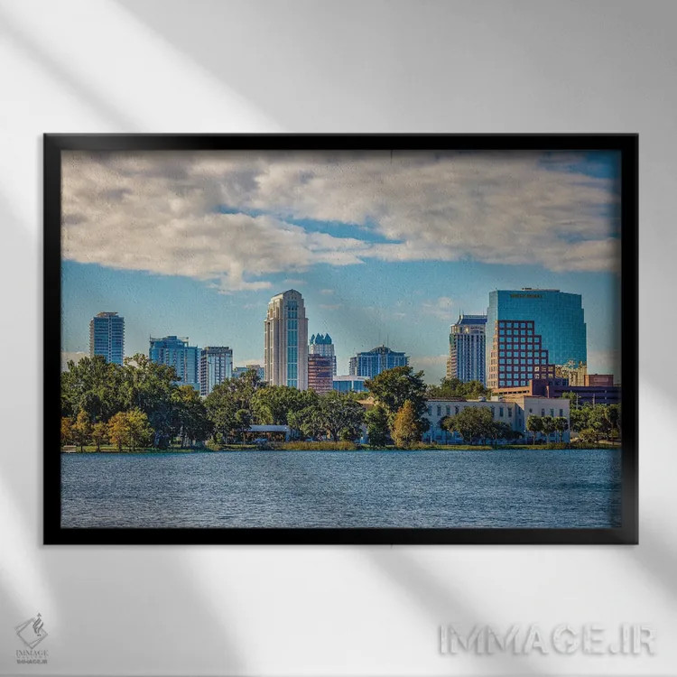 تابلو نمای افقی مرکز شهر اورلاندو فلوریدا و دریاچه اثر الکس جی پرز - نمای قابدار مشکی